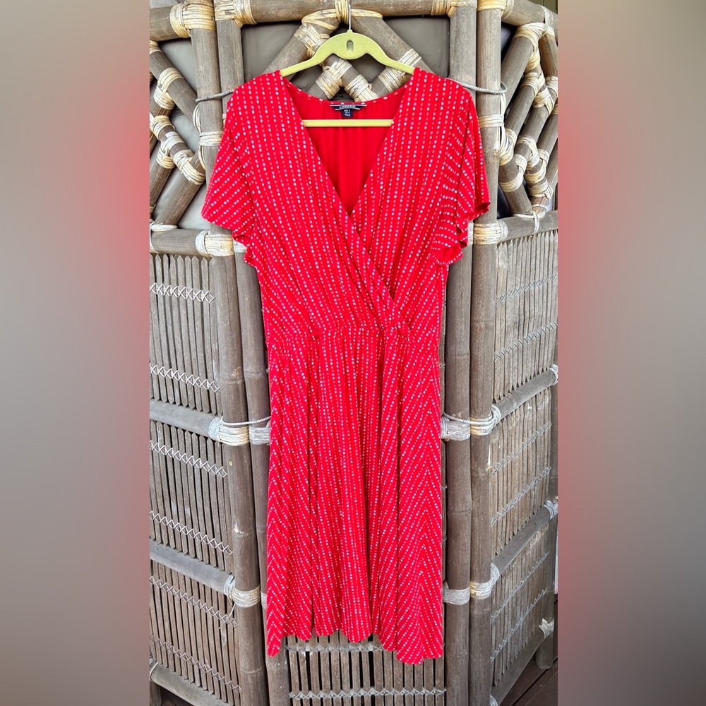Lands' End Red Polka Dot Jersey Dress with Wrap Top & Flutter Sleeves Sz M